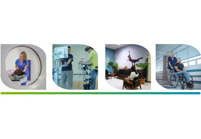 3 fotos alineadas horizontalmente, la primera muestra a una mujer atendiendo a un paciente en un TAC, la segunda un terapeuta guiando a un paciente en su terapia con robots, la tercera un terapeuta lleva en silla de ruedas a un paciente