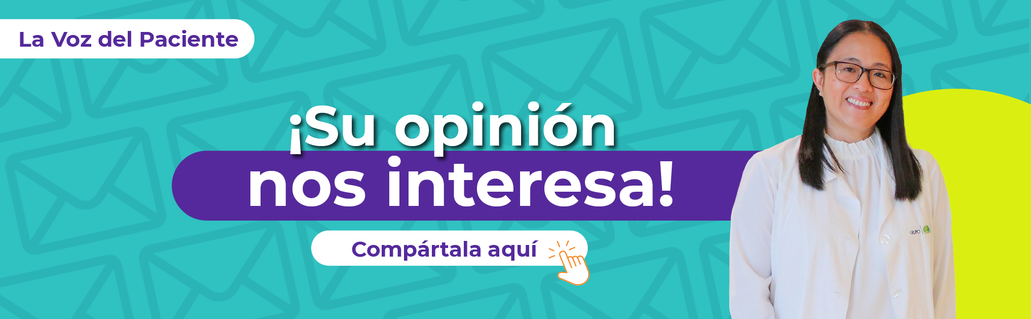 Imagen con el texto: Su opinión nos interesa, compártala con nosotros, clic en la imagen