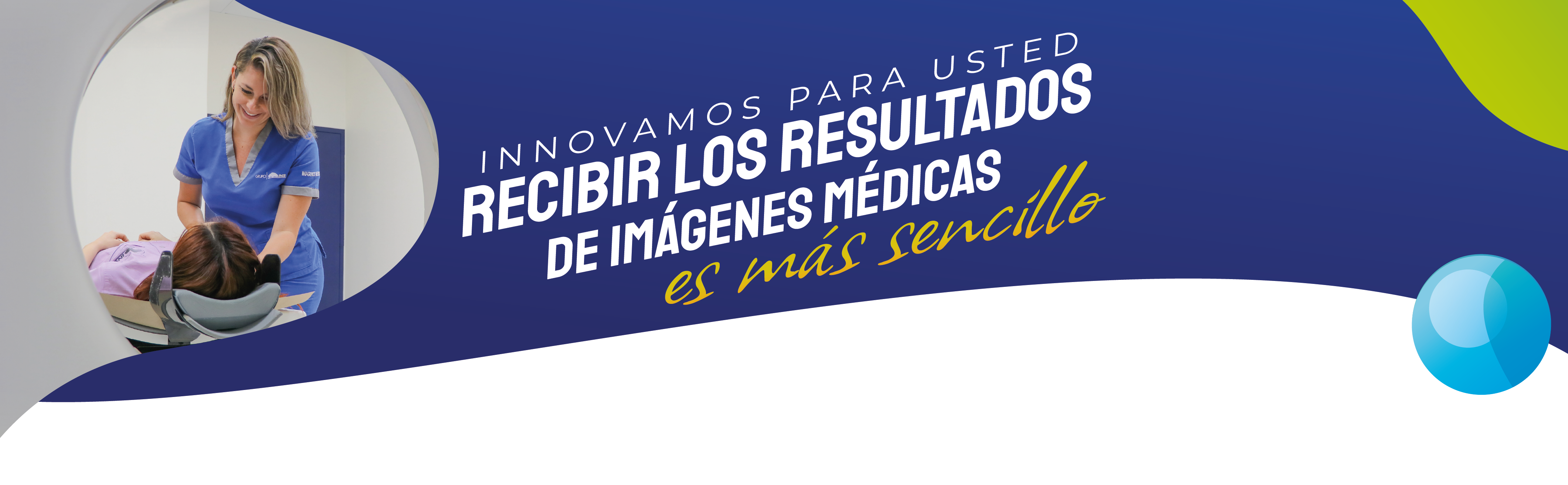 En la fotografía personal de salud con un paciente que va para el equipo de resonancia magnética y en el texto: Recibir los resultados de imágenes médicas es más sencillo