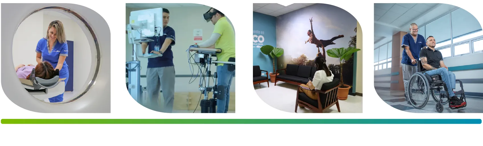 3 fotos alineadas horizontalmente, la primera muestra a una mujer atendiendo a un paciente en un TAC, la segunda un terapeuta guiando a un paciente en su terapia con robots, la tercera un terapeuta lleva en silla de ruedas a un paciente