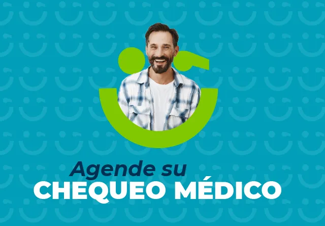 Fondo turquesa con una fotografía de un hombre sonriente y en texto "Agende su chequeo médico""